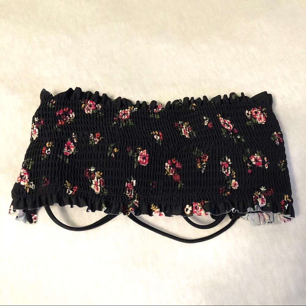 Floral strapless ribbed bikini top
